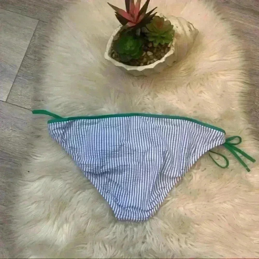 J. Crew blue seersucker w/ green tipped tie sides bikini swim bottoms Sz xxl
